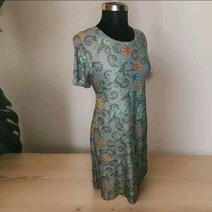 LIKE NEW LuLaRoe Gray Short Sleeve Colorful Floral Maxi Dress Vine Design SOFT